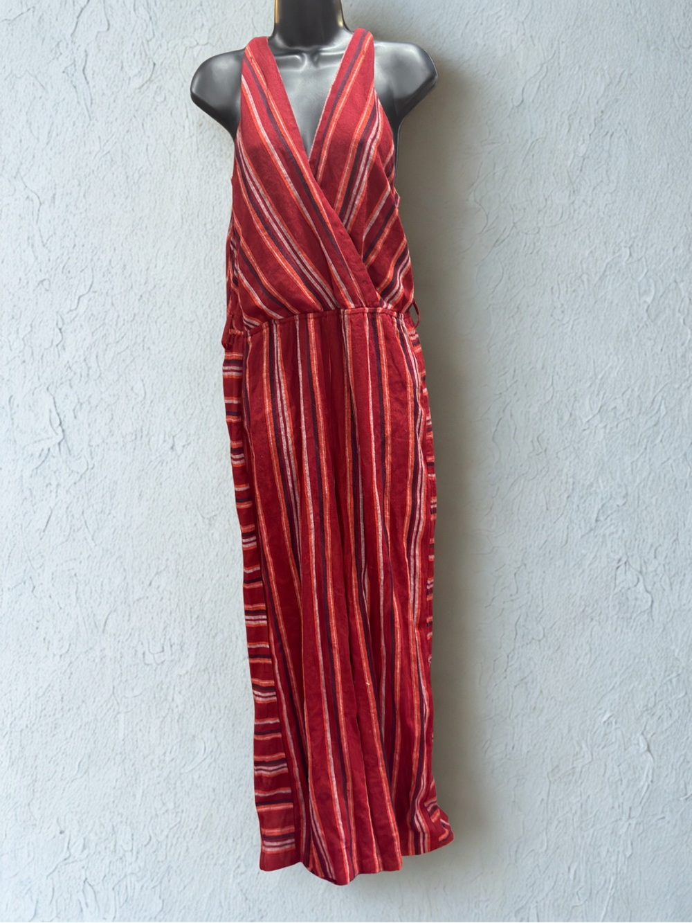 Indigo Rein Red Striped Sleeveless Wrap Jumpsuit